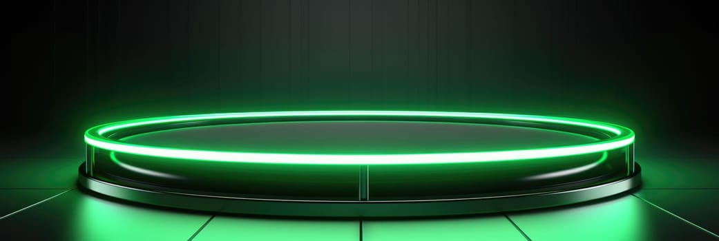 Green neon platform for presentation. Wide format banner AI