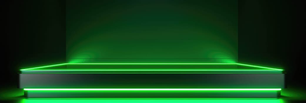 Green neon platform for presentation. Wide format banner AI