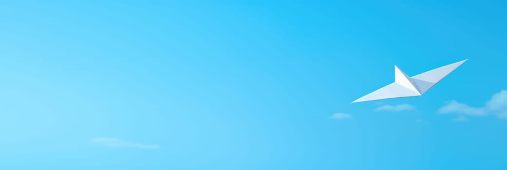 Paper airplane on a blue background. Wide format banner AI