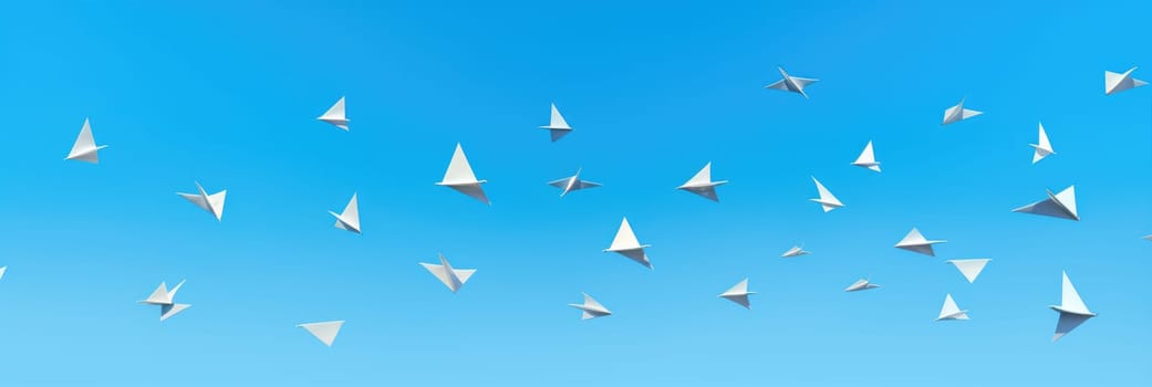 Paper airplanes on a blue background. Wide format banner AI