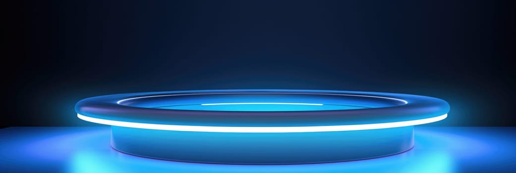Blue neon platform for presentation. Wide format banner AI