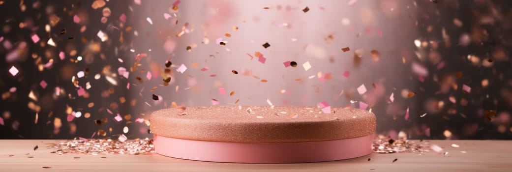 Elegant pink circle single podium mockup. Pedestal and pink confetti background AI