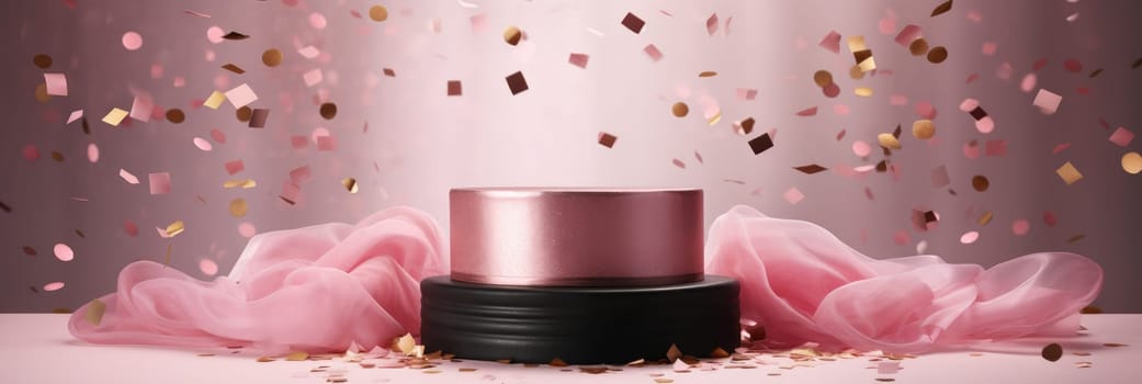 Elegant pink circle single podium mockup. Pedestal and pink confetti background AI