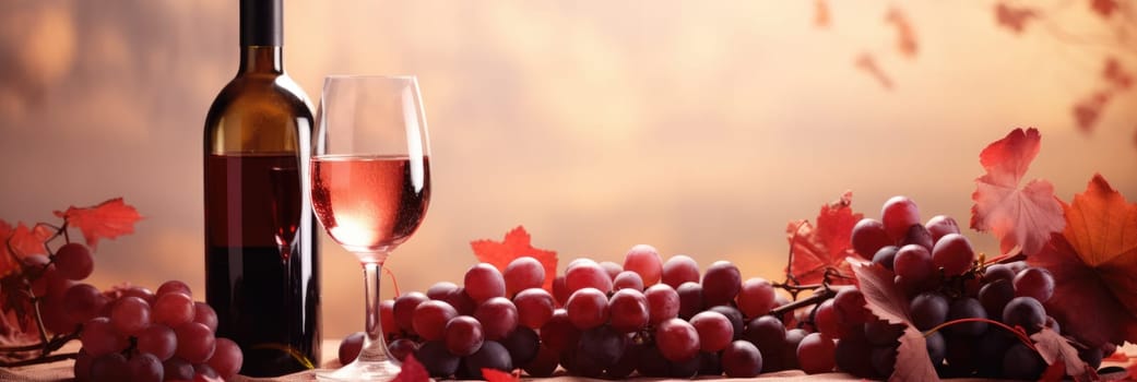 Rose wine and grapes background. Wide format banner AI