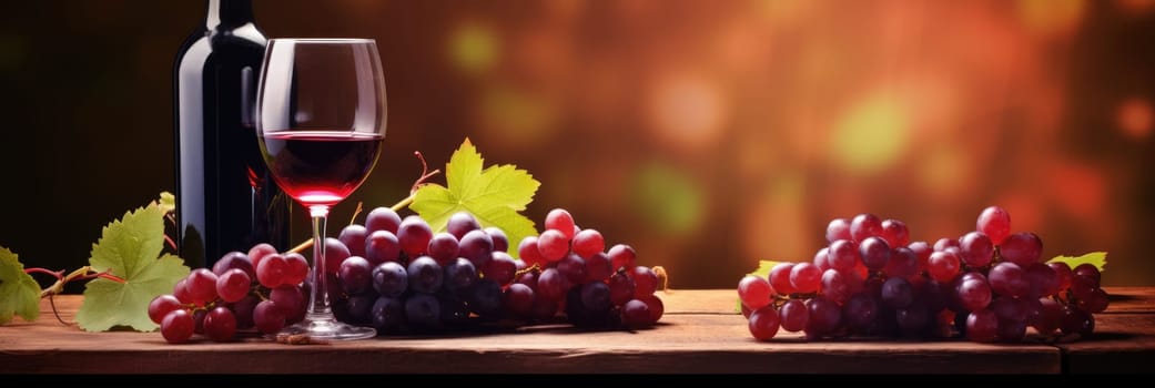 Wine and grapes background. Wide format banner AI