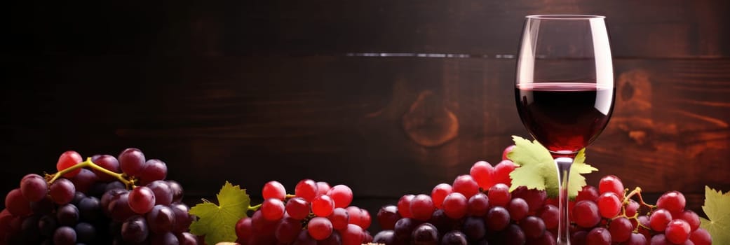 Wine and grapes background. Wide format banner AI