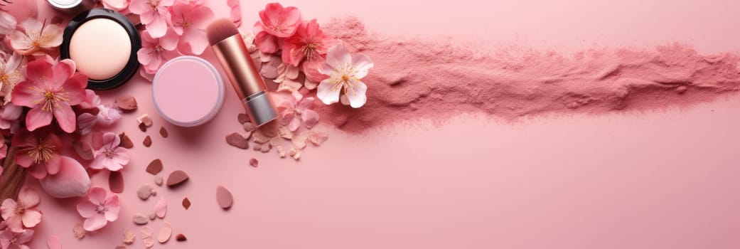 Stylish pink background for cosmetics mockup. Wide format banner AI