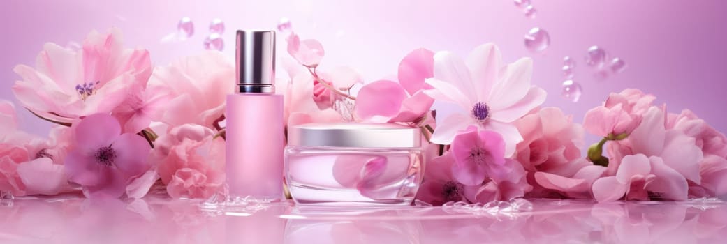 Stylish pink background for cosmetics mockup. Wide format banner AI