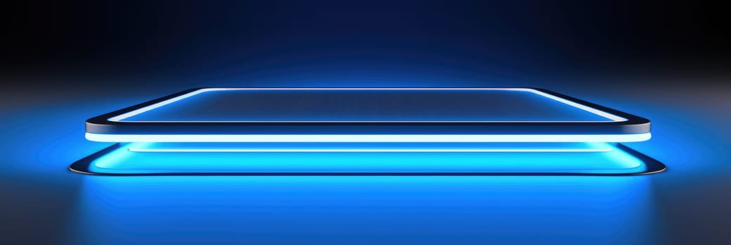 Blue neon platform for presentation. Wide format banner AI