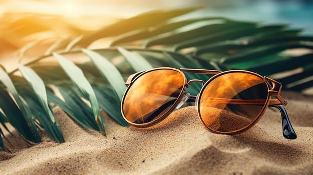 Summer, beach and vacation concept. Sunglasses and palm leaves on a background of sand. AI