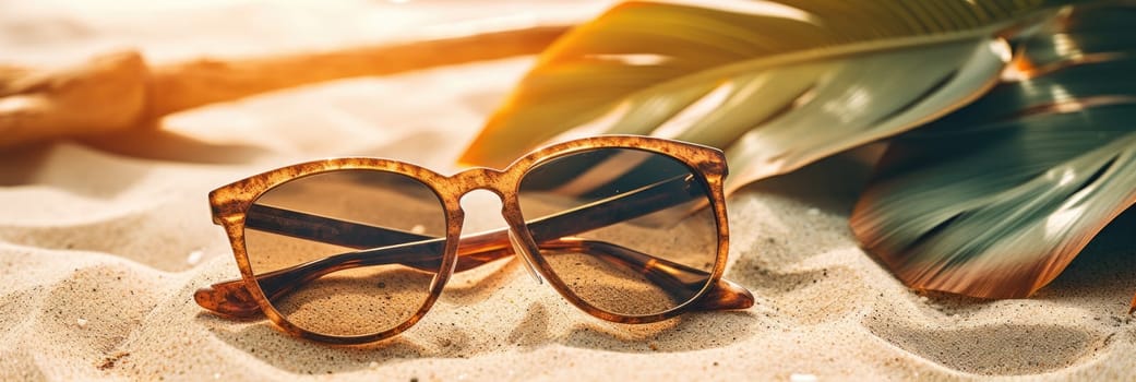 Summer, beach and vacation concept. Sunglasses and palm leaves on a background of sand. Wide format banner AI