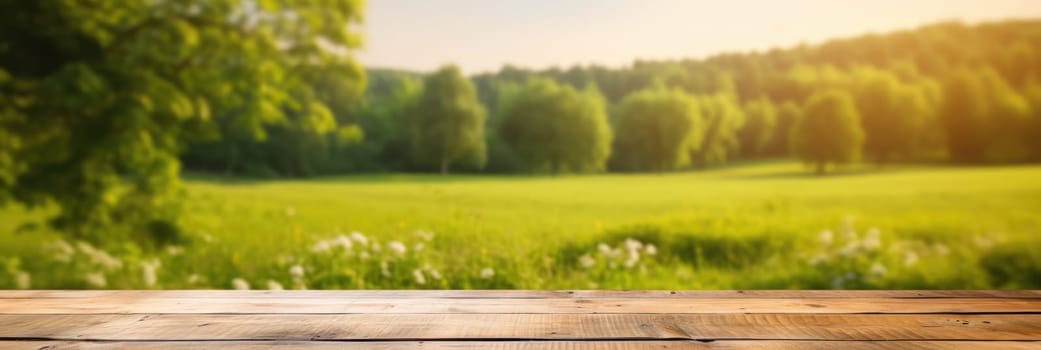 Wooden empty table, green meadow on blurred background. Wide format banner AI