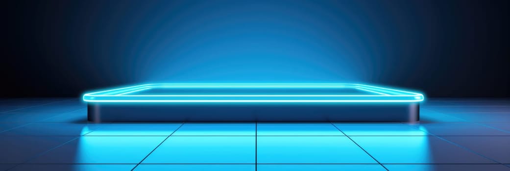 Blue neon platform for presentation. Wide format banner AI