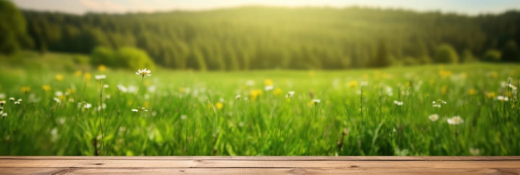 Wooden empty table, green meadow on blurred background. Wide format banner AI