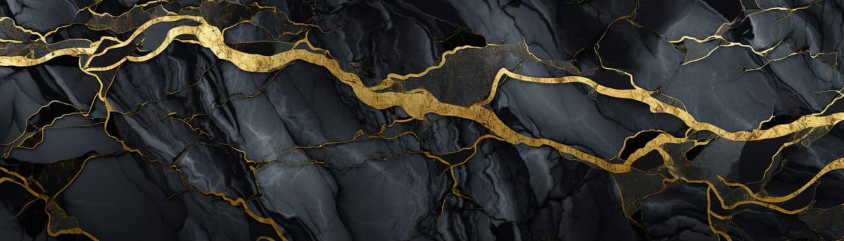 Striking black marble texture with golden veins, perfect for sophisticated wallpapers, luxury background designs, or stylish graphic elements. Panoramic banner. Generative AI
