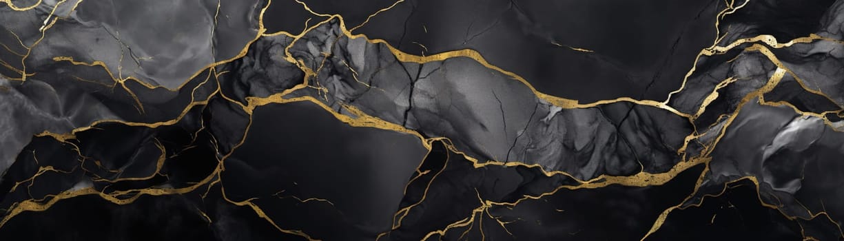 Striking black marble texture with golden veins, perfect for sophisticated wallpapers, luxury background designs, or stylish graphic elements. Panoramic banner. Generative AI