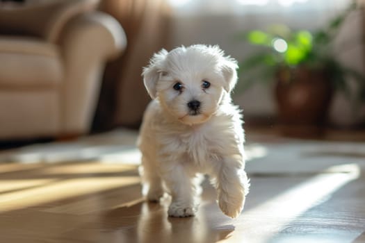 A small white dog is standing on top of a hard wood floor, displaying its adorable presence.