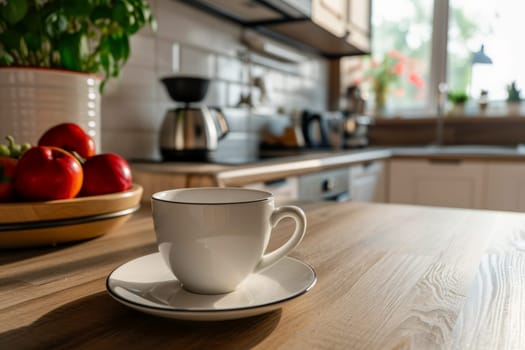 An inviting cup of coffee sits gracefully on top of a wooden table, creating a serene morning scene.
