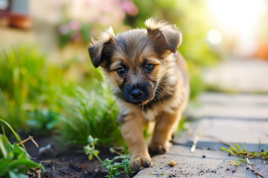 A small brown dog is standing confidently on top of a concrete sidewalk.