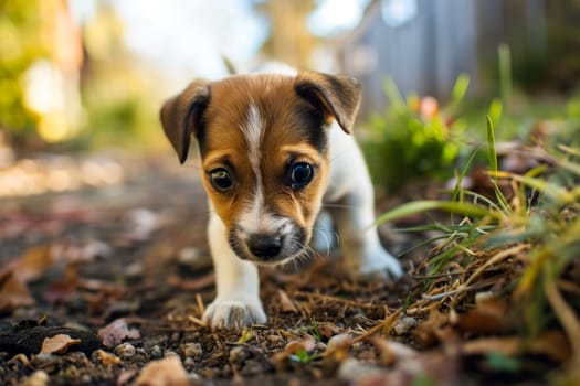 A small brown and white dog stands on top of a dirt field.