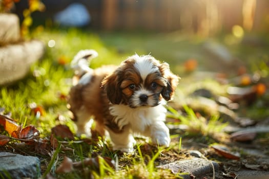 A small brown and white dog standing confidently on the lush green grass of a field.