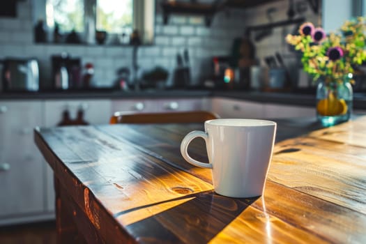 A white coffee cup sits on top of a wooden table, ready to be filled with a hot beverage.