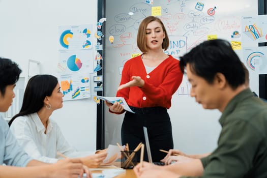 Young beautiful leader presents marketing strategy while expert investor and project manager listening and lecturing to analyze business performance at start up business meeting. Immaculate.