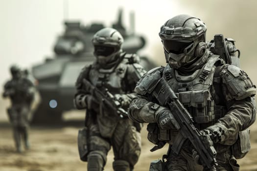 A group of soldiers wearing military uniforms and carrying weapons walk purposefully across a dusty field, their boots kicking up clouds of dirt as they move in unison.