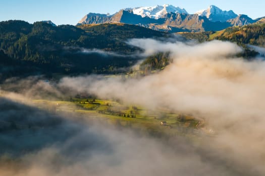 Forestry and rocky mountains surrounded by dense fog in sunny summer morning. Scenic Alps under clear blue sky at sunrise aerial view