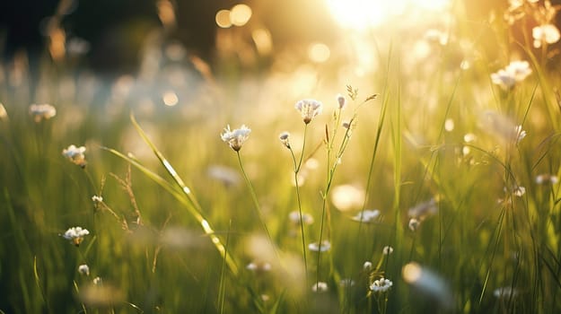 Meadow flowers and grass in soft sunlight. Natural summer background close up. High quality photo