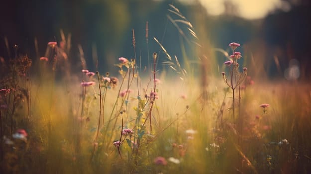 Meadow flowers and grass in soft sunlight. Natural summer background close up. High quality photo