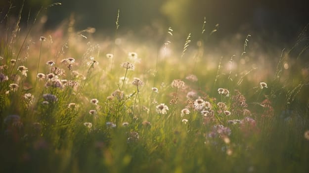 Meadow flowers and grass in soft sunlight. Natural summer background close up. High quality photo