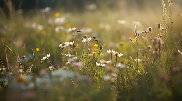 Meadow flowers and grass in soft sunlight. Natural summer background close up. High quality photo