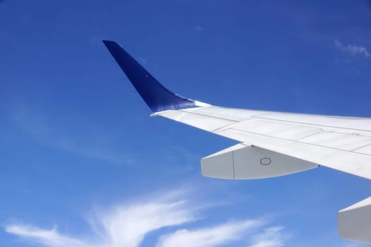 Close-up view of an airplane’s wing against a backdrop of a clear blue sky with some wispy clouds. The photo shows the white wing with a dark blue tip and various lines and structures on its surface.