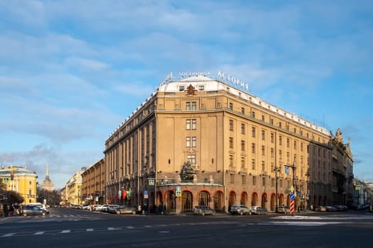 Saint-Petersburg, Russia. - January 02, 2024. View of the Astoria Hotel. Selective focus.