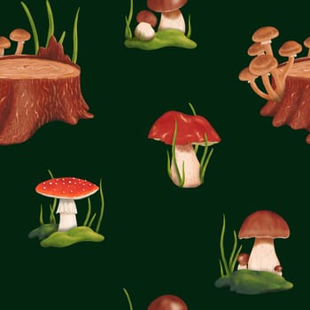 Seamless woodland pattern. Forest glade. a mushroom picker's dream. Edible penny bun and delicious porcini mushrooms. Dangerous and poisonous fly agaric. Autumnal watercolor illustration.