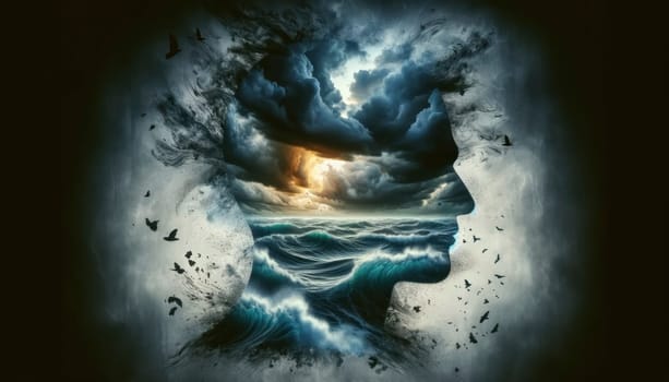 Outline filled with a stormy sea, depicting inner turmoil.