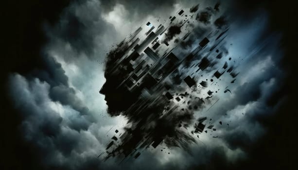 Abstract silhouette fragmented into shapes, symbolizing emotional turmoil