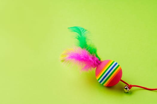 Colorful pet toys balls on green background close up