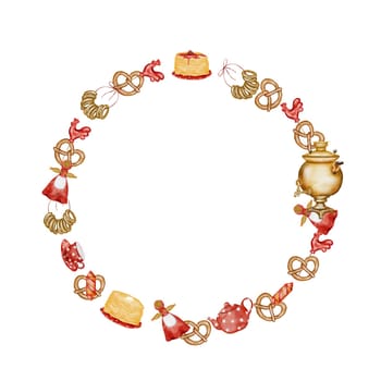 Shrovetide watercolor hand drawn circular frame on isolated background. Russian style illustration with pancakes, samovar, kettle and cups. Fresh pastries and Shrovetide straw doll are gathered in a stylish wreath. For postcards and tags of tea and bakery stores