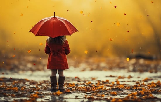 little girl with an umbrella small child, rainy autumn walk, wet weather child with an umbrella. High quality photo