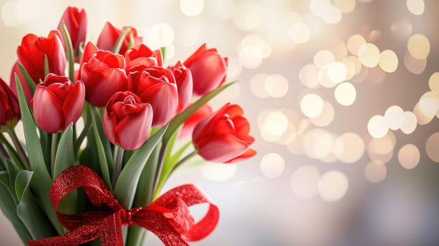 Beautiful bouquet of red tulips on bokeh background. Ai generation. High quality