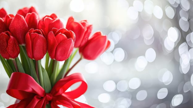 Beautiful bouquet of red tulips on bokeh background. Ai generation. High quality