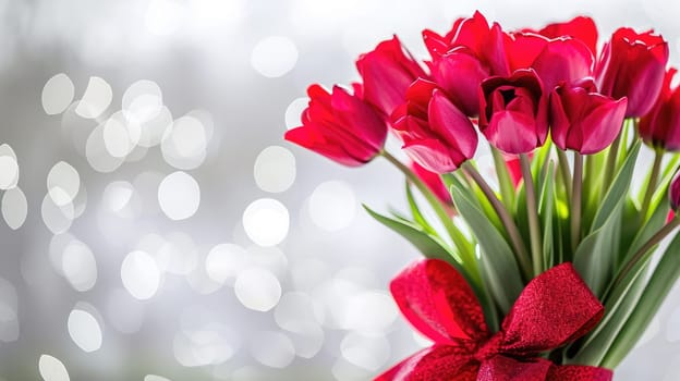 Beautiful bouquet of red tulips on bokeh background. Ai generation. High quality