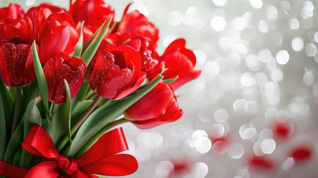 Beautiful bouquet of red tulips on bokeh background. Ai generation. High quality