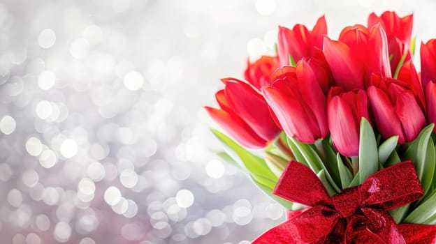 Beautiful bouquet of red tulips on bokeh background. Ai generation. High quality