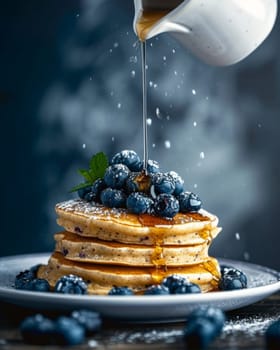 Healthy Gluten free vegan blueberry pancakes with honey.