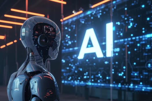 Futuristic concept for artificial intelligence and humanoid with text AI on digital display background.