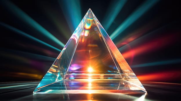 colorful glass prism triangle light dispersion in dark background, ai