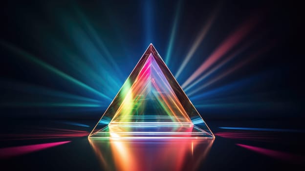 colorful glass prism triangle light dispersion in dark background, ai